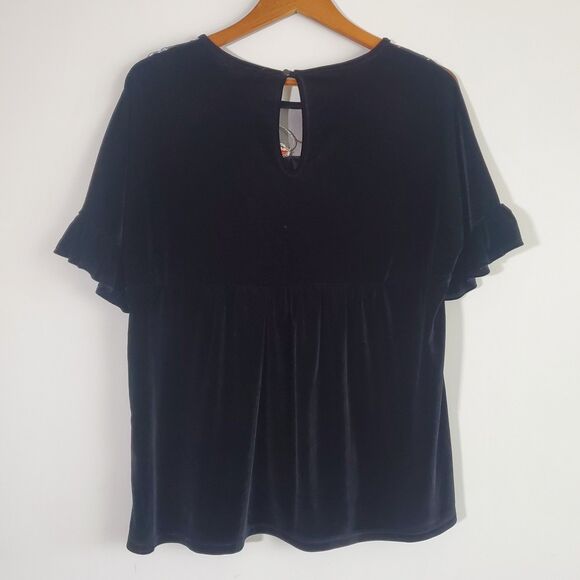 Pleione Top Large Black Velvet Sheer Floral Embroidered Fairy Whimsygoth Gothic - Picture 7 of 13